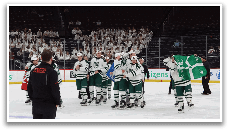 A group of hockey players are hugging each other on the ice. AI generated content