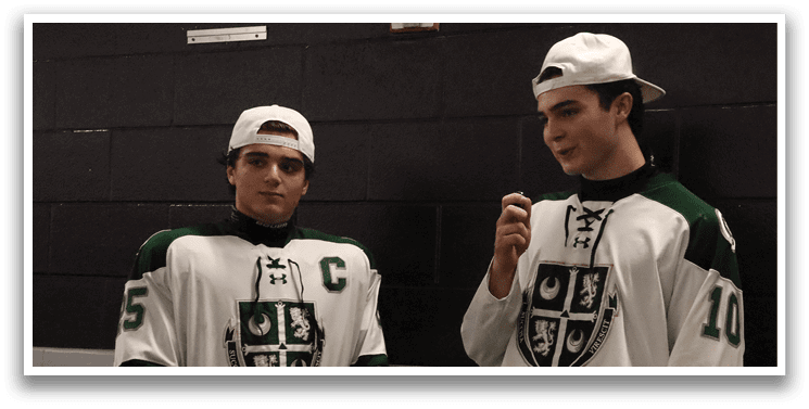 Two men wearing hockey jerseys are standing next to each other. AI generated content