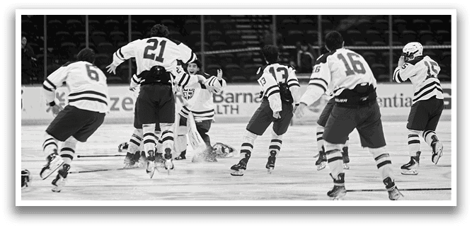 A group of hockey players on the ice, some of them falling down. AI generated content