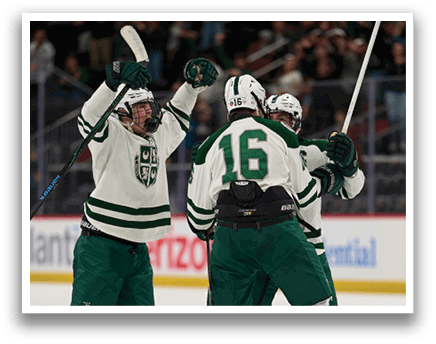 Three hockey players celebrating a goal. AI generated content