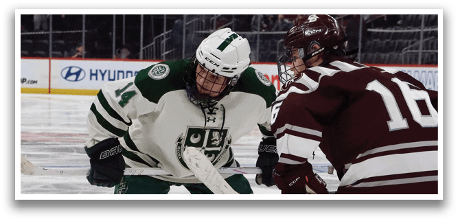 Two hockey players are on the ice, one wearing a green and white uniform and the other wearing a red and white uniform. They are both holding hockey sticks and appear to be in a defensive stance. AI generated content