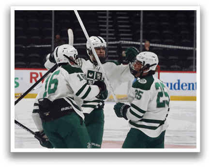 Three hockey players celebrating a goal with their sticks raised in the air. AI generated content