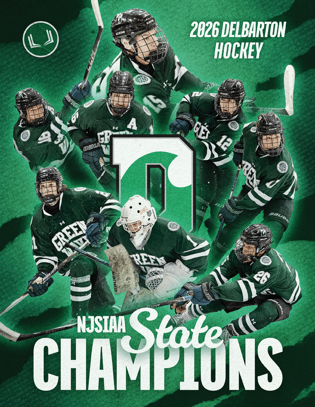 A group of hockey players in green uniforms are shown on a poster. AI generated content