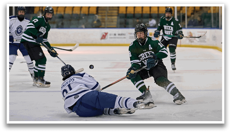 A hockey game is taking place with players on the ice. One player is sliding on the ice while another is trying to get the puck. AI generated content