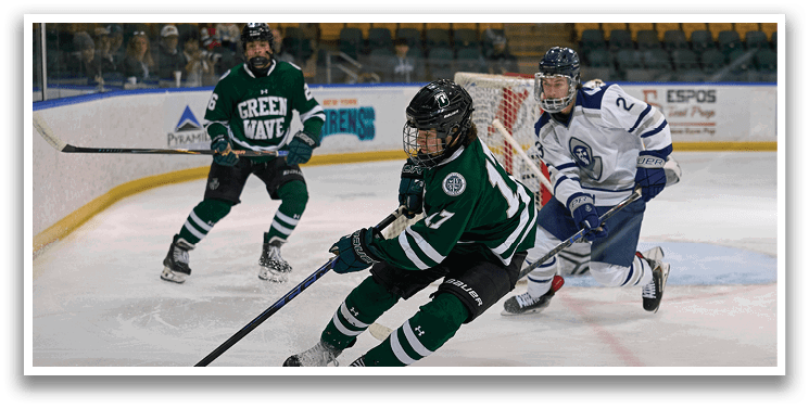 Three hockey players on the ice, one with a stick in motion. AI generated content