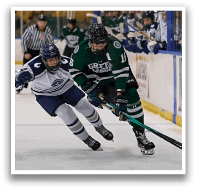 Two hockey players are on the ice, one is trying to get past the other. AI generated content