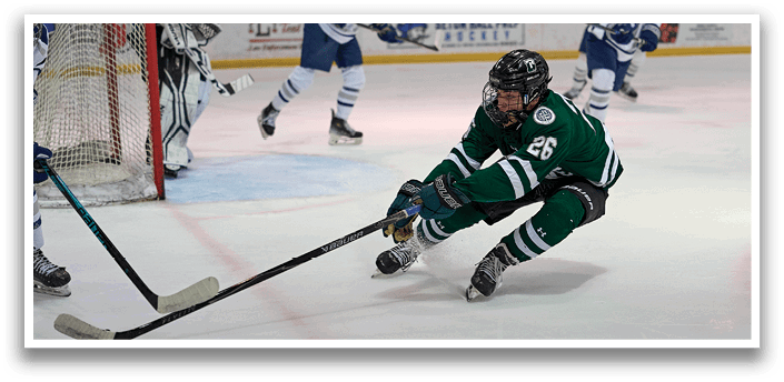 A hockey player is sliding on the ice towards the goal, while the goalie is trying to block the shot. AI generated content