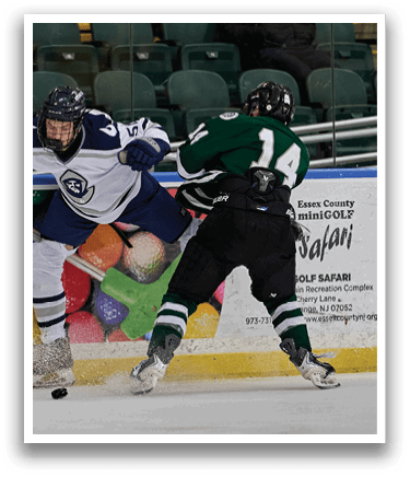 Two hockey players are fighting for control of the puck. AI generated content