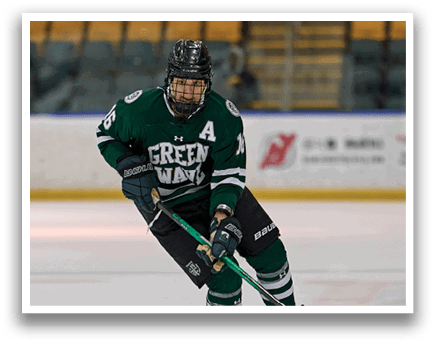 A hockey player in a green and white uniform is skating on the ice. AI generated content
