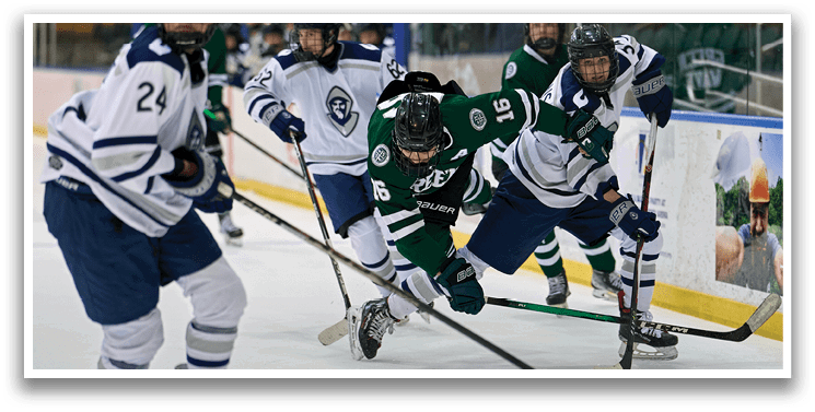 A group of hockey players on the ice, one of them is wearing a green jersey. AI generated content