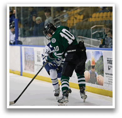 A hockey player in a green jersey with the number 10 on it is about to shoot the puck. AI generated content