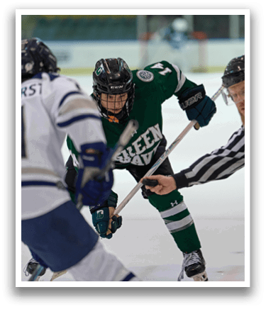 A hockey player in a green jersey is being checked by an opponent. AI generated content