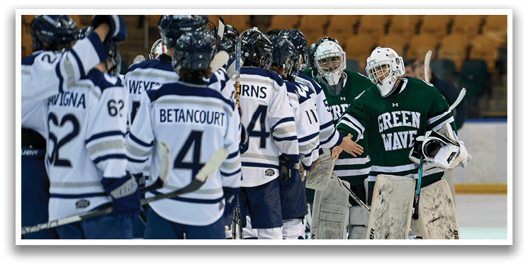 A group of hockey players wearing black and white uniforms are standing on the ice. AI generated content