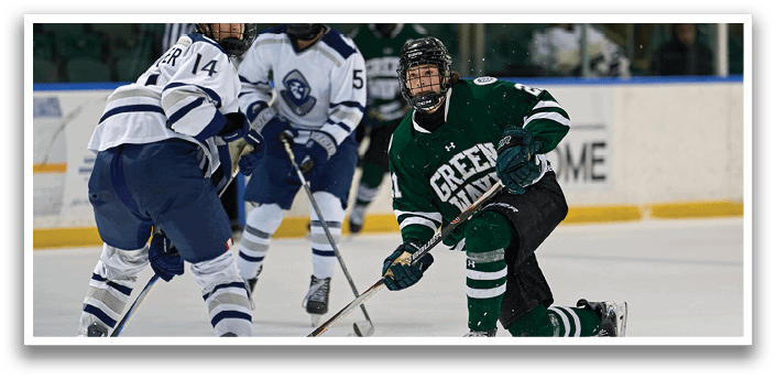 Three hockey players on the ice, one of them with a green and white uniform. AI generated content