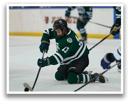 A group of hockey players on the ice, one of them is kneeling down with a hockey stick. AI generated content