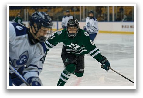 Two hockey players on ice, one with a green jersey and the other with a white jersey. AI generated content