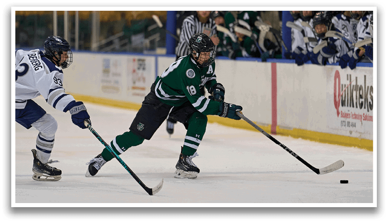Two hockey players are on the ice, one with a green jersey and the other with a white jersey. They are both holding hockey sticks and are in motion. There are several other players on the ice, some of them wearing green jerseys. A referee is also present, watching the game. AI generated content