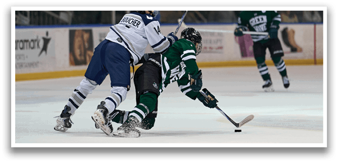 Two hockey players are fighting for control of the puck. AI generated content