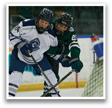 Two hockey players are fighting for control of the puck. AI generated content