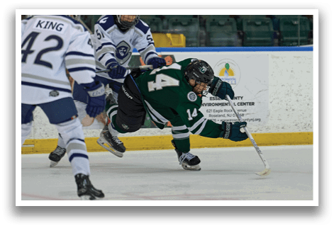 Three hockey players are on the ice, with one player falling to the ground. AI generated content