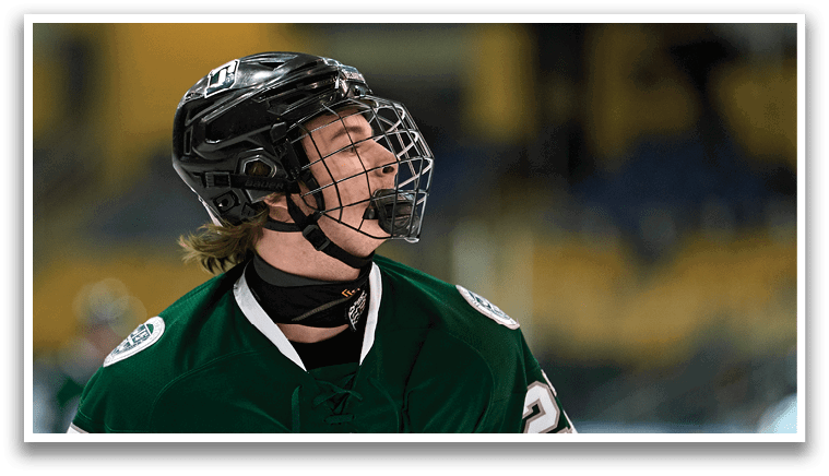 A hockey player wearing a green and white uniform with the number 22 on the back of his jersey. AI generated content