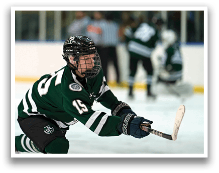 A hockey player wearing a green and white uniform is holding a hockey stick and looking down at the ice. AI generated content