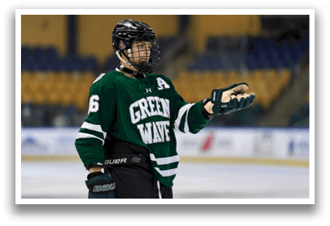 A hockey player wearing a green and white uniform with the number 6 on the back. AI generated content
