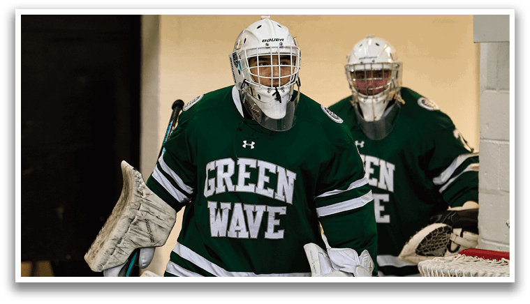 Two hockey players wearing green jerseys and white helmets. AI generated content