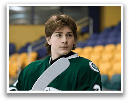 A man wearing a green and white hockey jersey holding a hockey stick. AI generated content