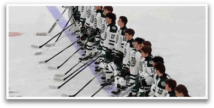 A group of hockey players are lined up on the ice, holding their hockey sticks. AI generated content