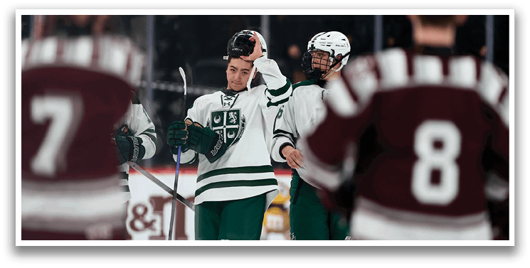 A hockey player wearing a white and green uniform stands on the ice with his hands in the air. AI generated content