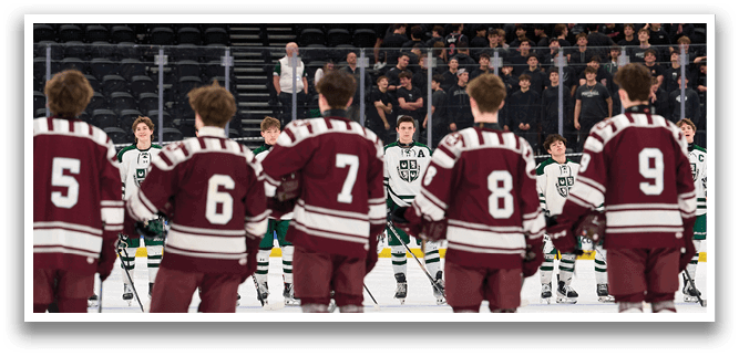 A group of hockey players standing on the ice, wearing their uniforms and holding their hockey sticks. AI generated content