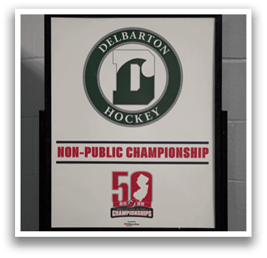 A sign for Delaware hockey is displayed on a wall. AI generated content