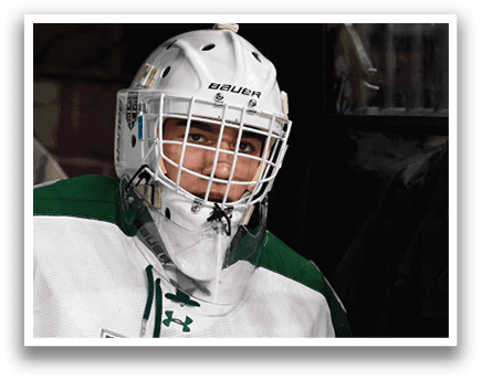 A hockey player wearing a helmet and a green and white uniform. AI generated content