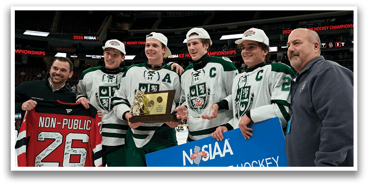 A group of hockey players pose with trophies and jerseys. AI generated content