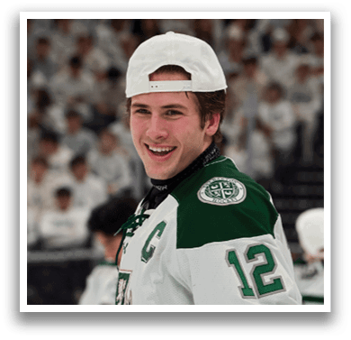 A man wearing a white hat and a green and white jersey is smiling and walking on the ice. AI generated content