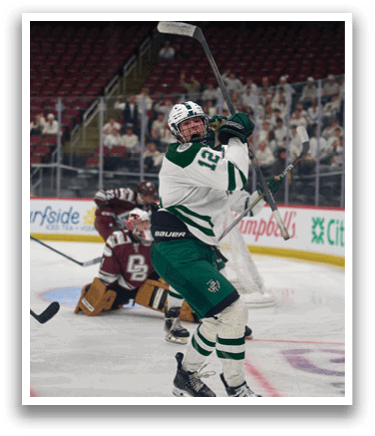 A hockey player in a white and green uniform is holding a hockey stick and preparing to shoot the puck. AI generated content