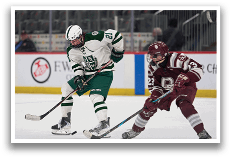 Two hockey players on the ice, one with a red helmet and the other with a green helmet. AI generated content