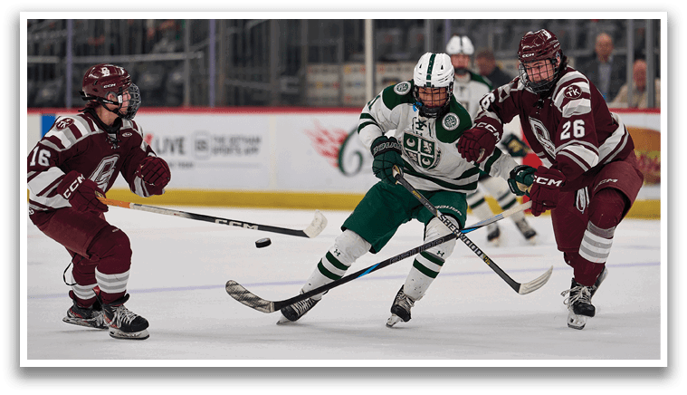Three hockey players on ice, one with a green and white uniform, are playing against each other. AI generated content