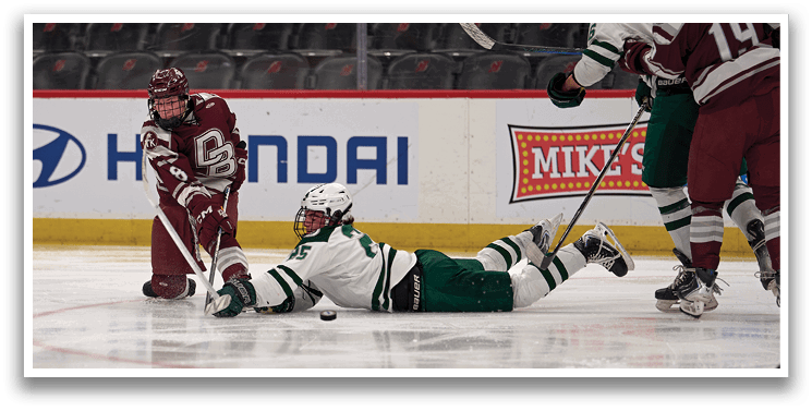 A hockey player is lying on the ice with his stick in the air. AI generated content