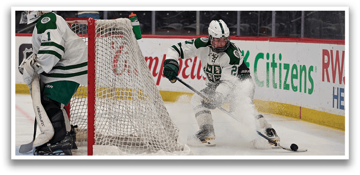 Two hockey players are on the ice, one is in the goal and the other is in the process of shooting the puck. AI generated content