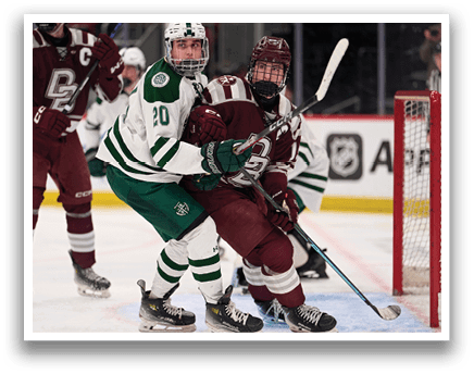 Two hockey players are fighting for control of the puck. AI generated content