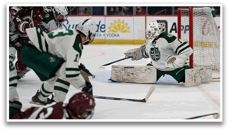 A hockey player is sliding into the goal, while the goalie is trying to stop him. AI generated content