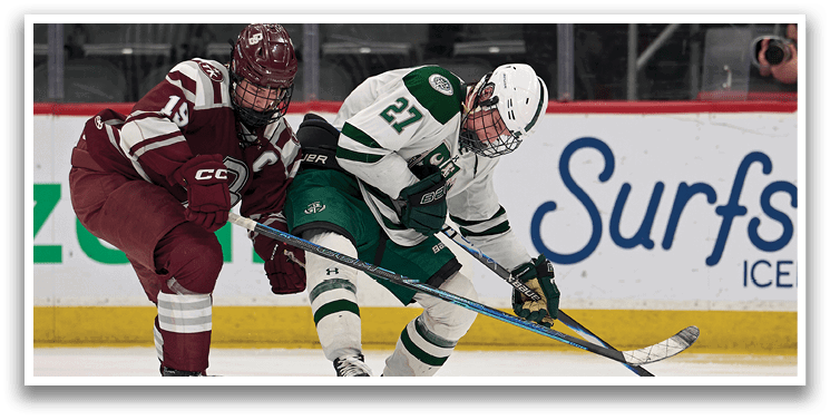 Two hockey players are on the ice, one with a red jersey and the other with a green jersey. The green jersey player is holding a hockey stick and appears to be about to shoot the puck. AI generated content
