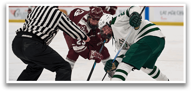 Two hockey players are fighting for control of the puck. AI generated content