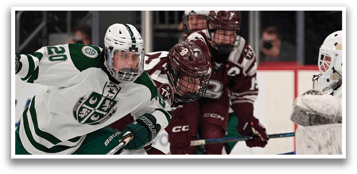 Three hockey players on the ice, one is about to score. AI generated content