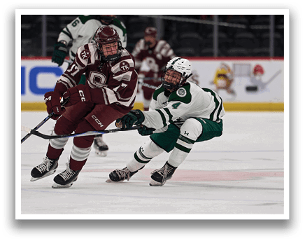 Two hockey players are on the ice, one falling to the ground while the other is holding a stick. AI generated content