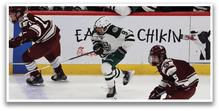 A hockey player in a green and white uniform is skating on the ice. AI generated content