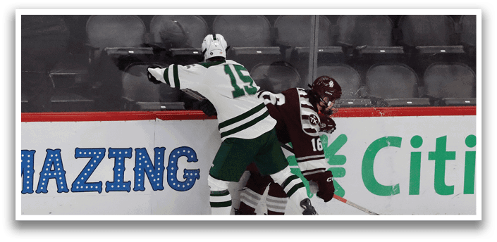 Two hockey players are fighting for control of the puck. AI generated content