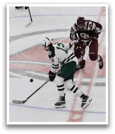 Two hockey players are on the ice, one is about to shoot the puck. AI generated content